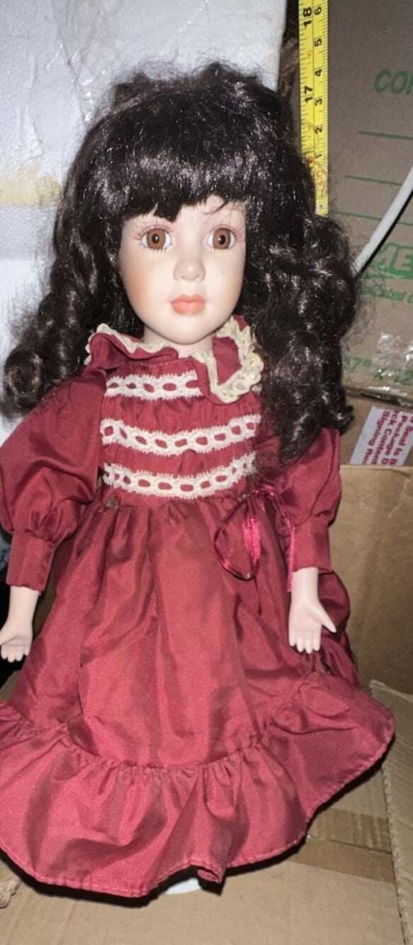 Vintage Porcelain Collector's Doll/Curly Brown Hair-Maroon Victorian-Style Dress